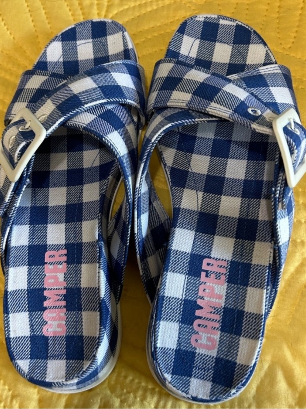 Camper Blue and White Gingham Slide Sandals with Buckle